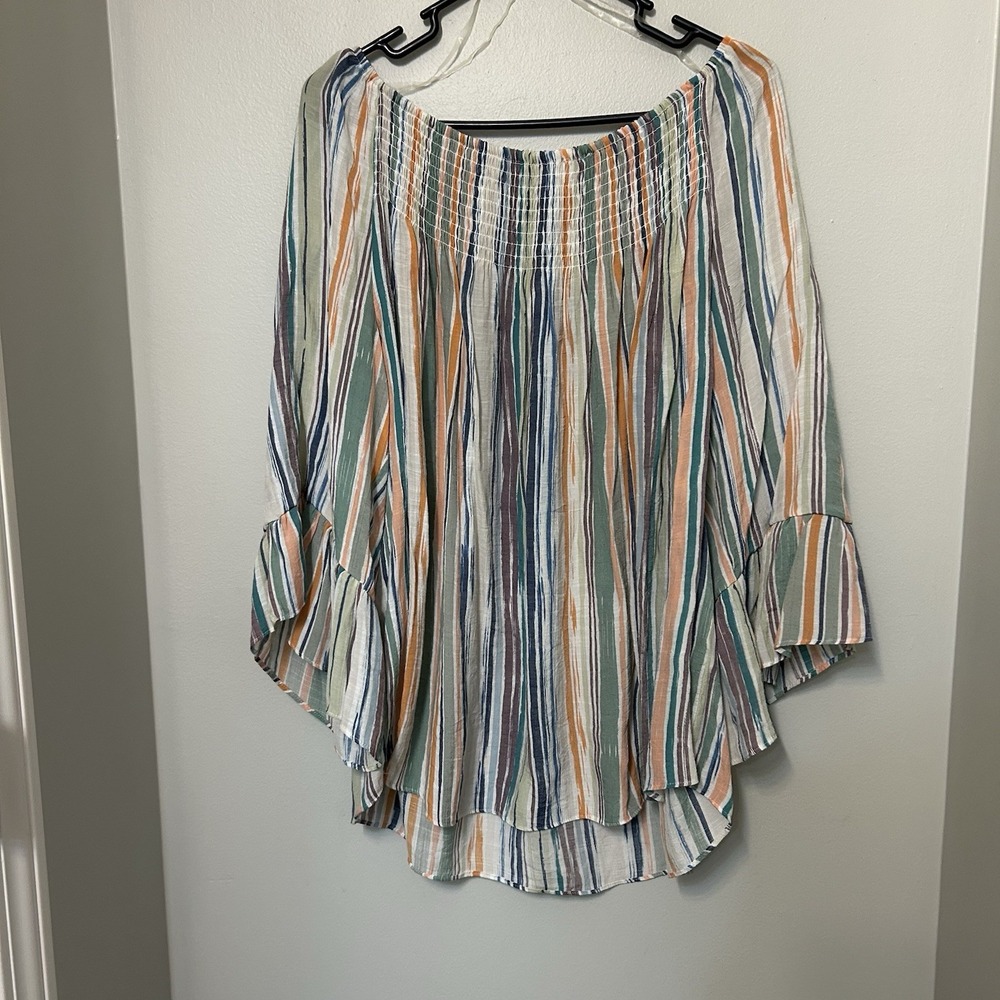 New Direction Top Women 2X Multicolor Striped Smocked Off Shoulder Bell Sleeve